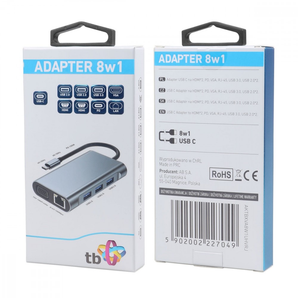 Adapter USB C 8w1 HDMIx2 USB VGA RJ45 PD