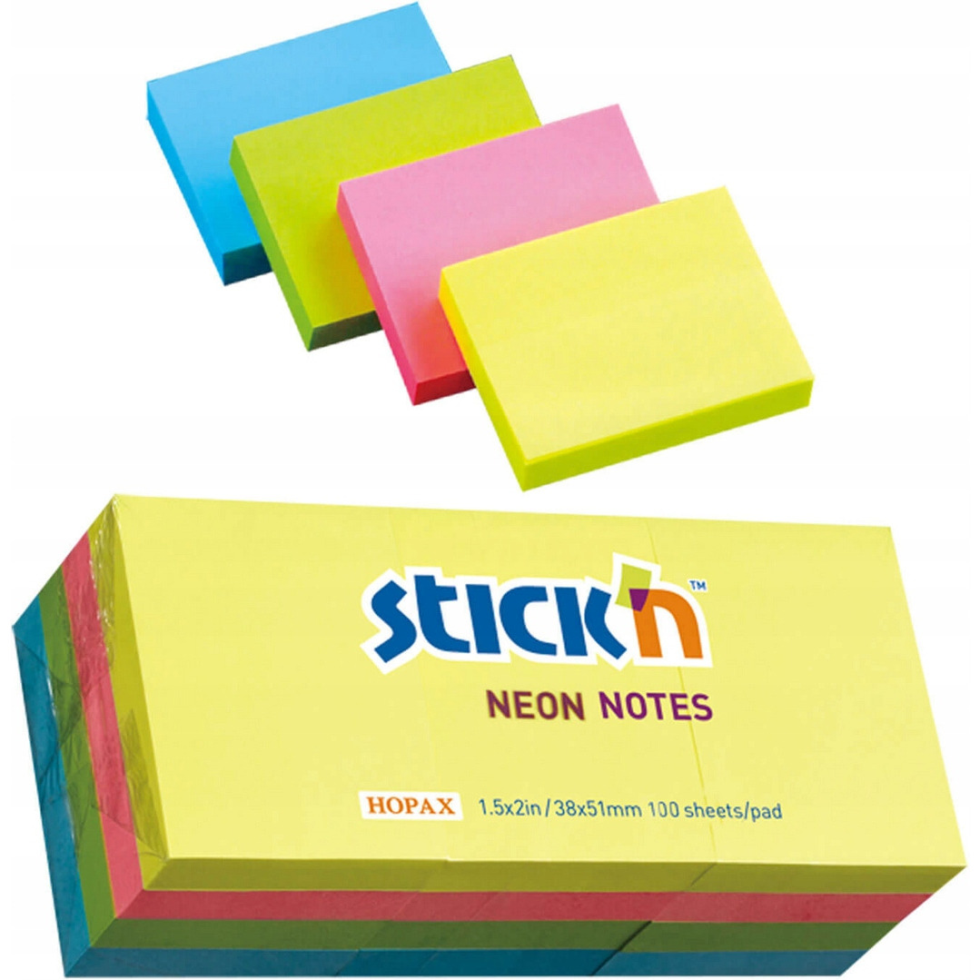 Bloczek STICK"N 38x51mm mix neonowy 12 bloczków x 100 kartek 21532
