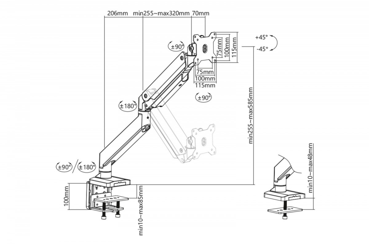 Ramię biurkowe podwójne z zaciskiem, 2xLCD, max. 35", max. obciążenie 2x15kg, ze sprężyną gazową