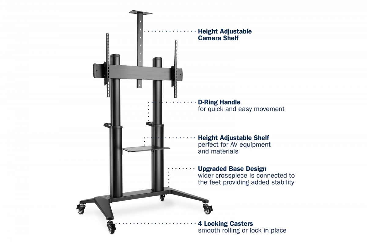 Stojak mobilny pojedynczy z półką i uchwytem na kamerę, 1xLCD max. 120" max. 140kg, VESA max. 1000x600