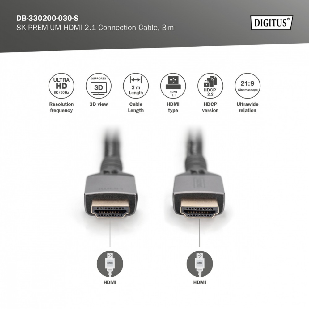 Kabel Premium połączeniowy HDMI 2.1 Ultra HighSpeed 8K60Hz UHD Typ HDMI A/A M/M 3m Czarny