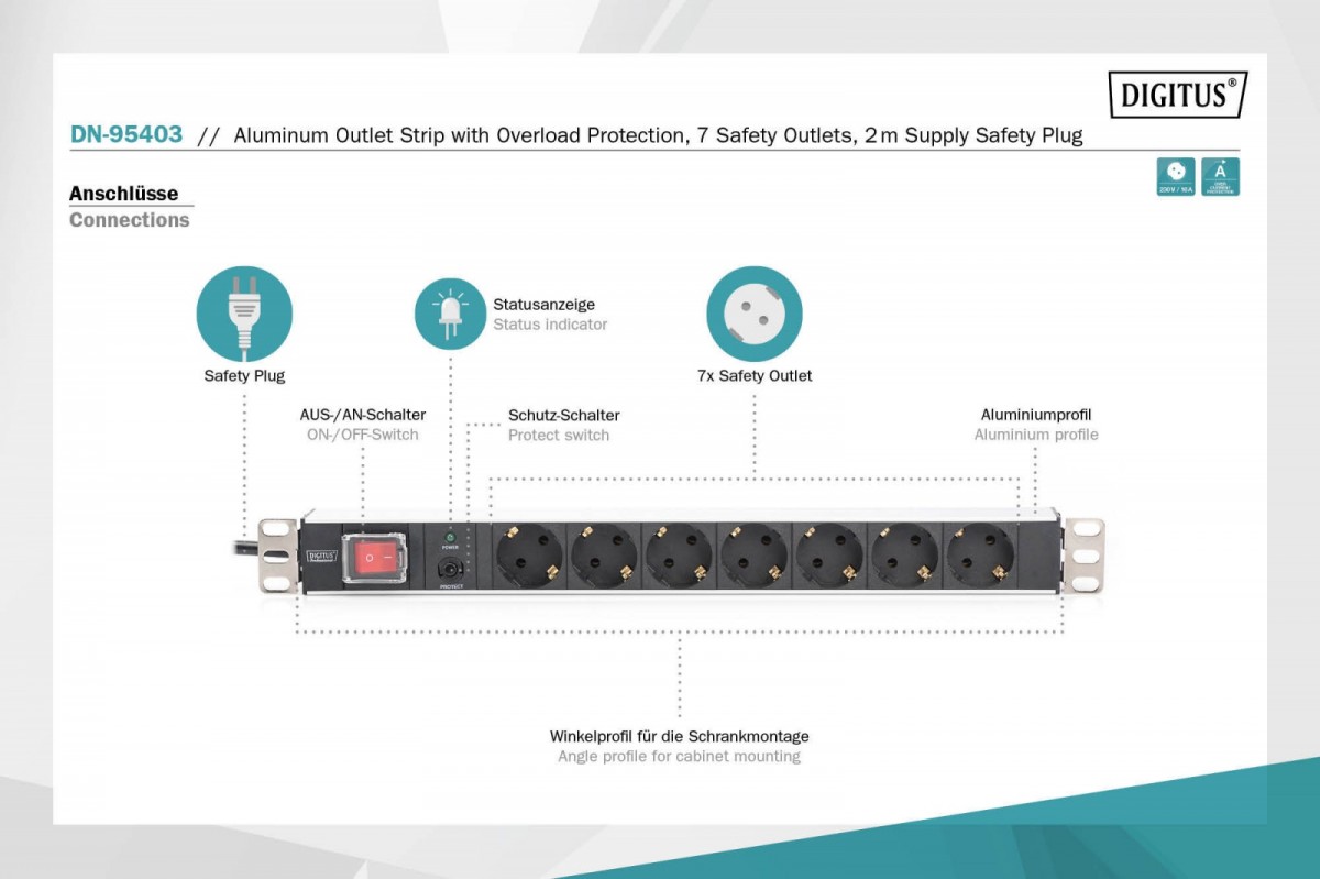 Listwa zasilająca PDU 19" Rack, 7x gniazdo schuko, 2.0m, 1x wtyk unischuko, 16A, wł./wył., zabezpieczenie przeciążeniowe, profil aluminiowy