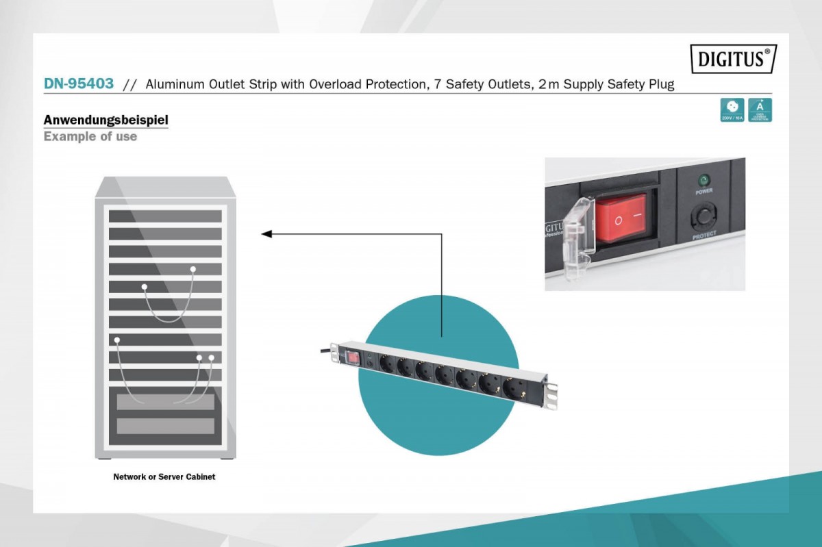 Listwa zasilająca PDU 19" Rack, 7x gniazdo schuko, 2.0m, 1x wtyk unischuko, 16A, wł./wył., zabezpieczenie przeciążeniowe, profil aluminiowy