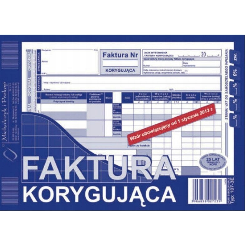 DRUK Faktura VAT korygująca MICHALCZYK&PROKOP A5 80 kartek 107-3E