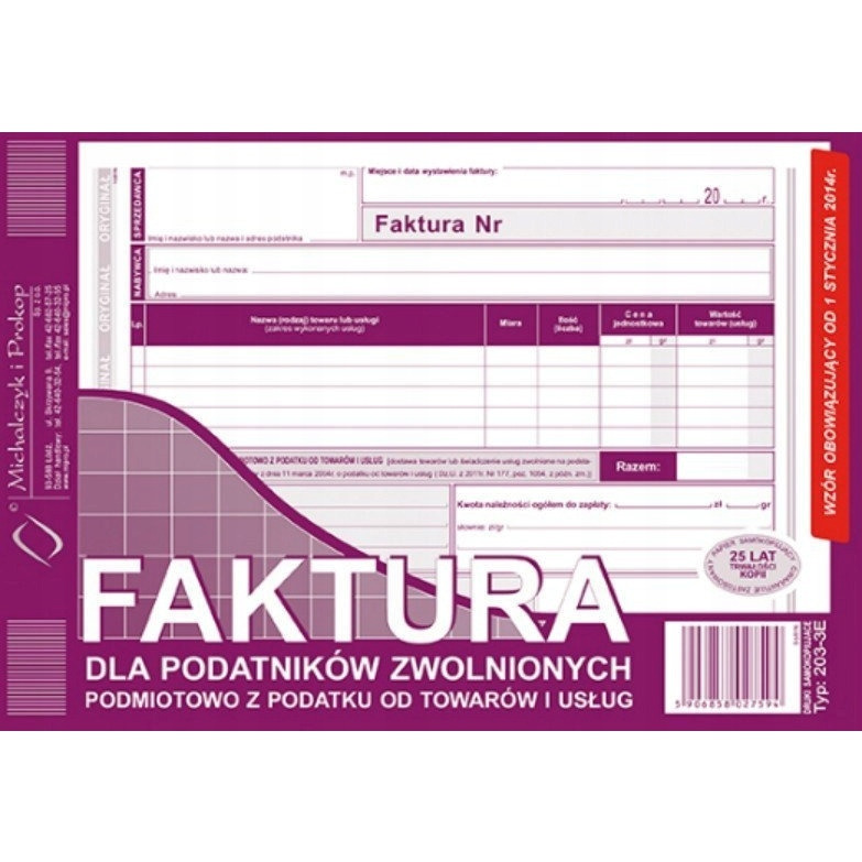 DRUK Faktura dla podatników zwolnionych z VAT A5 (o+1k) MICHALCZYK  203-3E