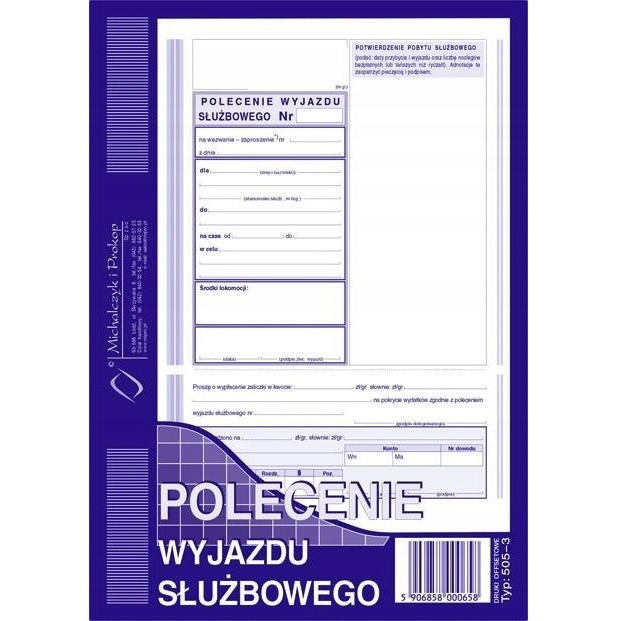 505-3 Polecenie wyjazdu służbowego MICHALCZYK&PROKOP A5 40 kartek