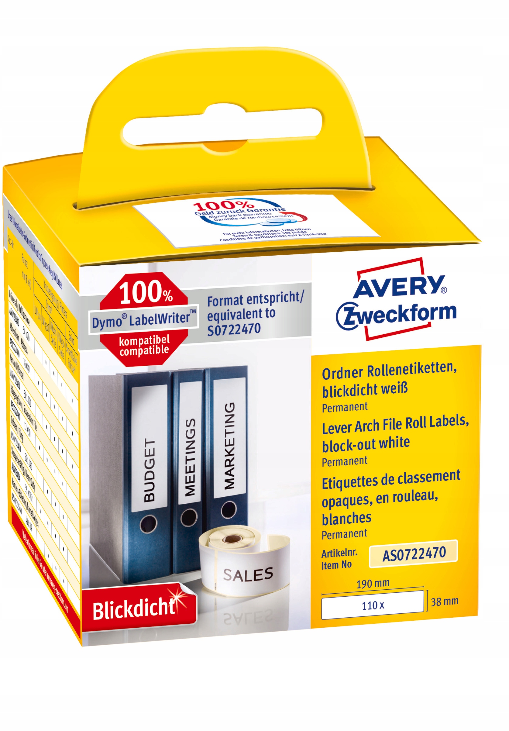 Etykiety kryjące na segregatory w rolce 110 etyk. 38 x 190 mm, trwałe, białe AS0722470 Avery Zweckfo
