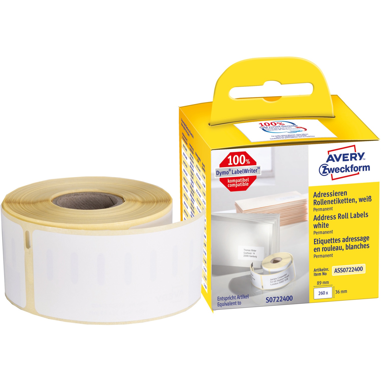 Etykiety adresowe w rolce 260 etyk. 36 x 89 mm, trwałe, białe ASS0722400 Avery Zweckform
