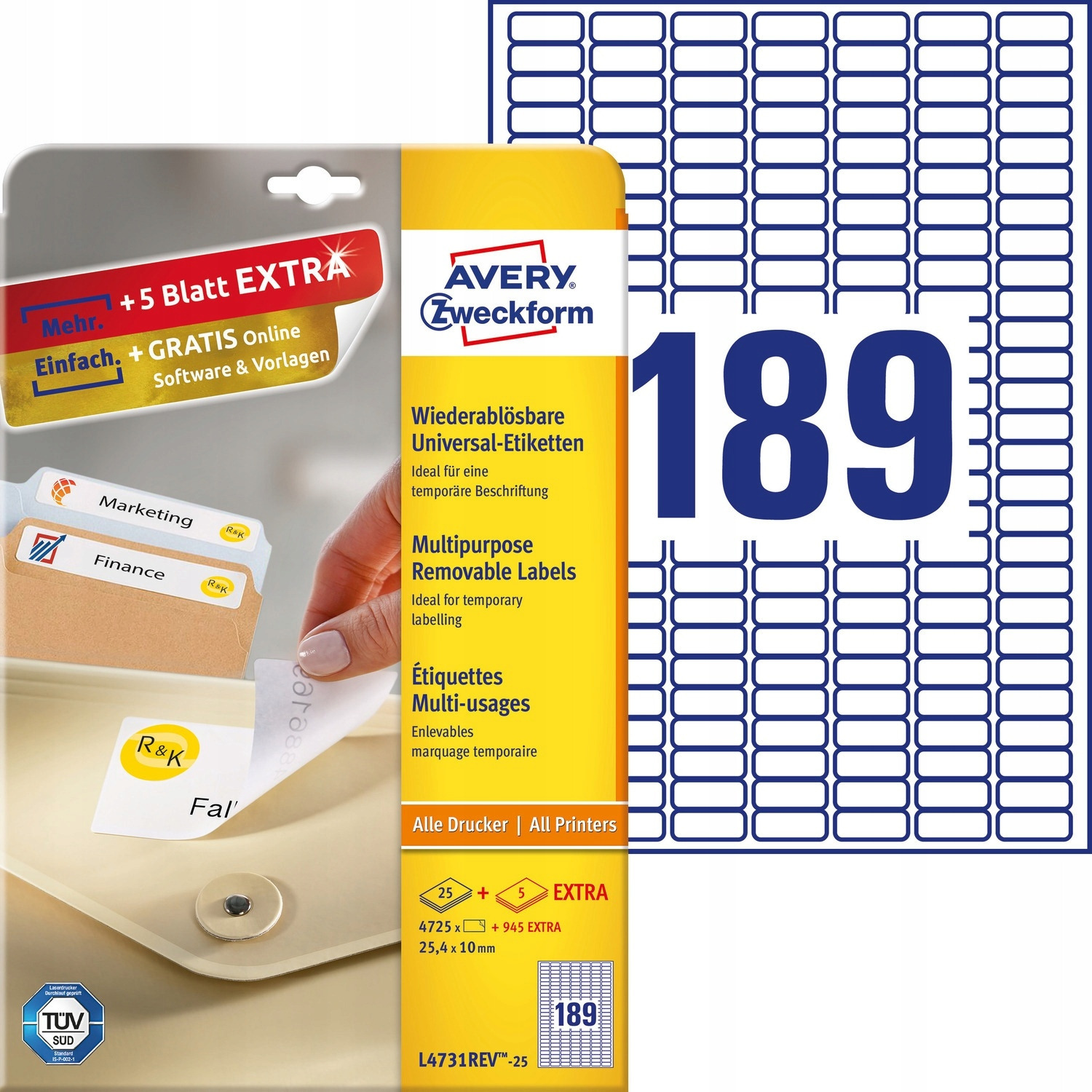 Etykiety ZF A4 25.4x10mm (25 arkuszy) białe L4731REV-25 AVERY ZWECKFORM