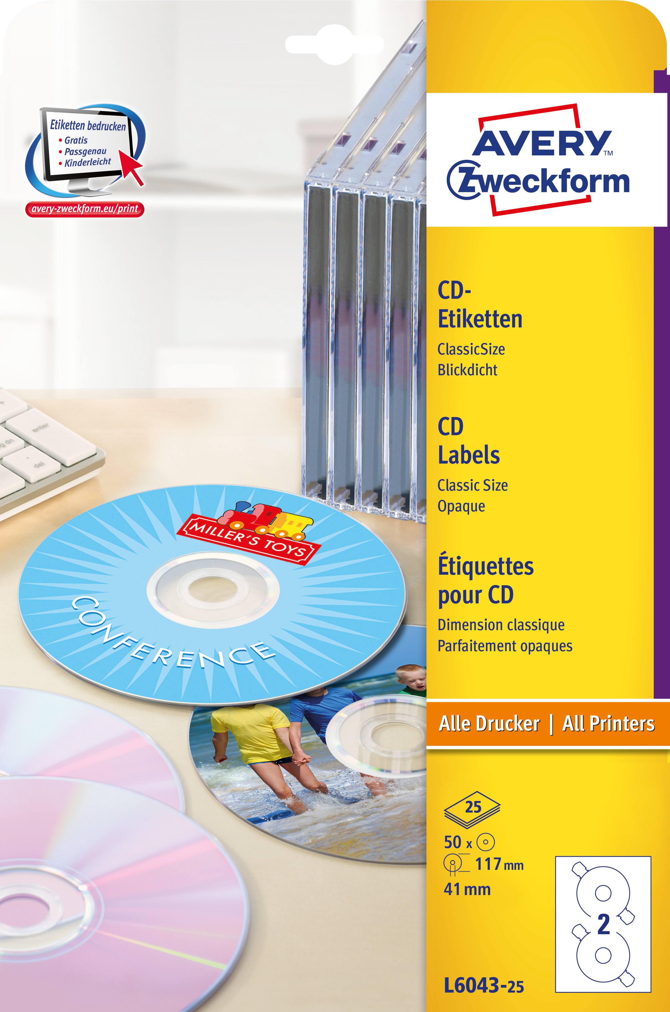 Etykiety ZF A4 Q117mm (25 arkuszy) białe L6043-25 AVERY ZWECKFORM