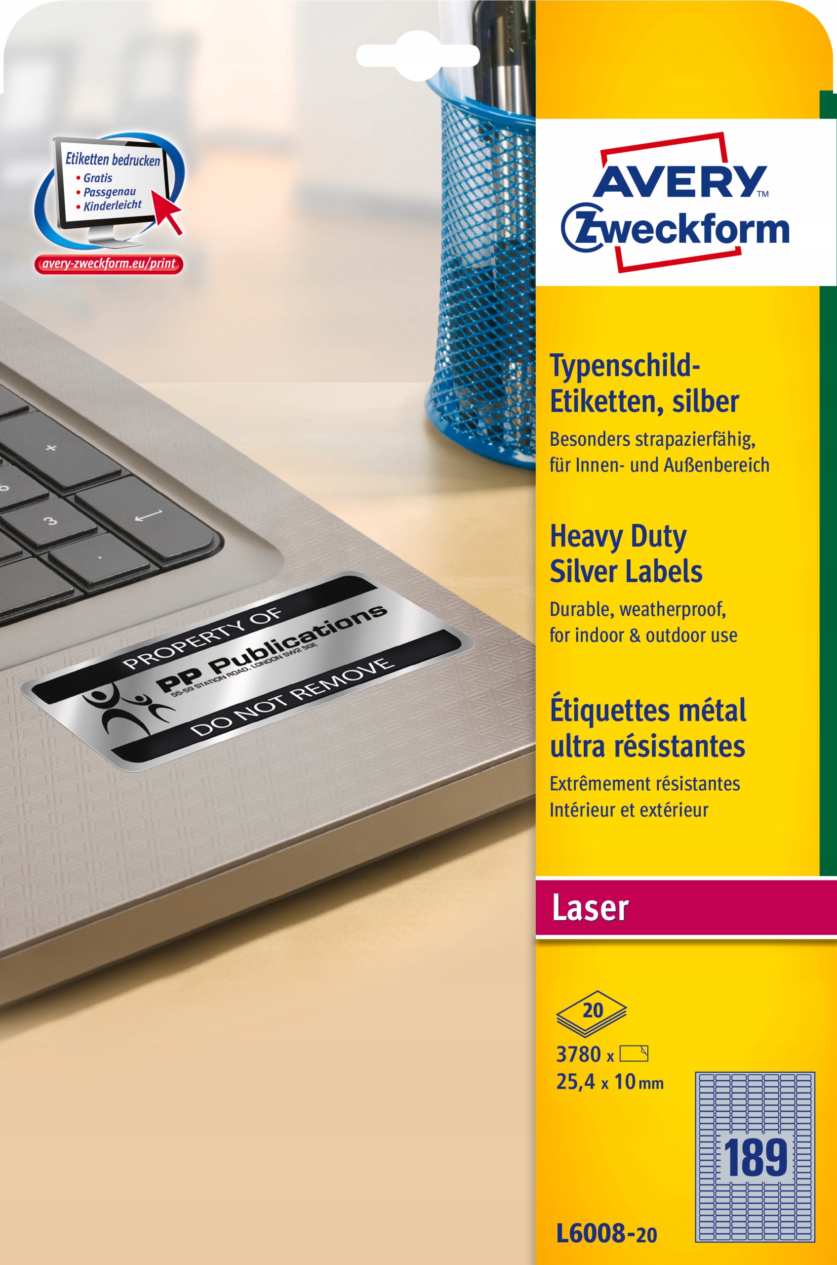 Etykiety Heavy Duty 25.4x10mm srebrne poliestrowe L6008-20szt AVERY ZF