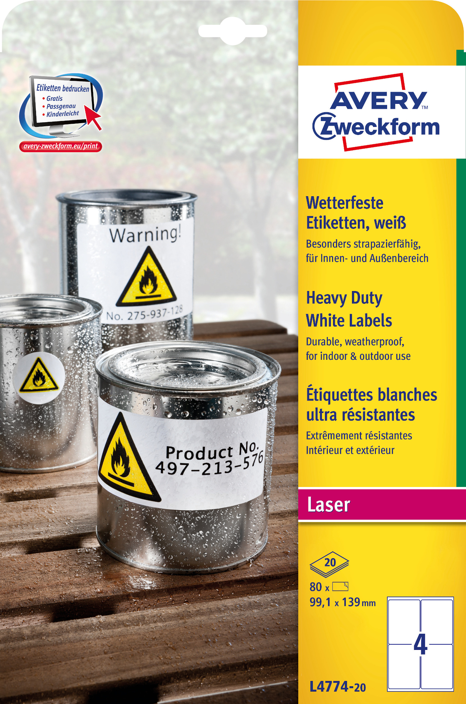 Etykiety Heavy Duty 99.1x139mm białe poliestrowe L4774-20szt AVERY ZF