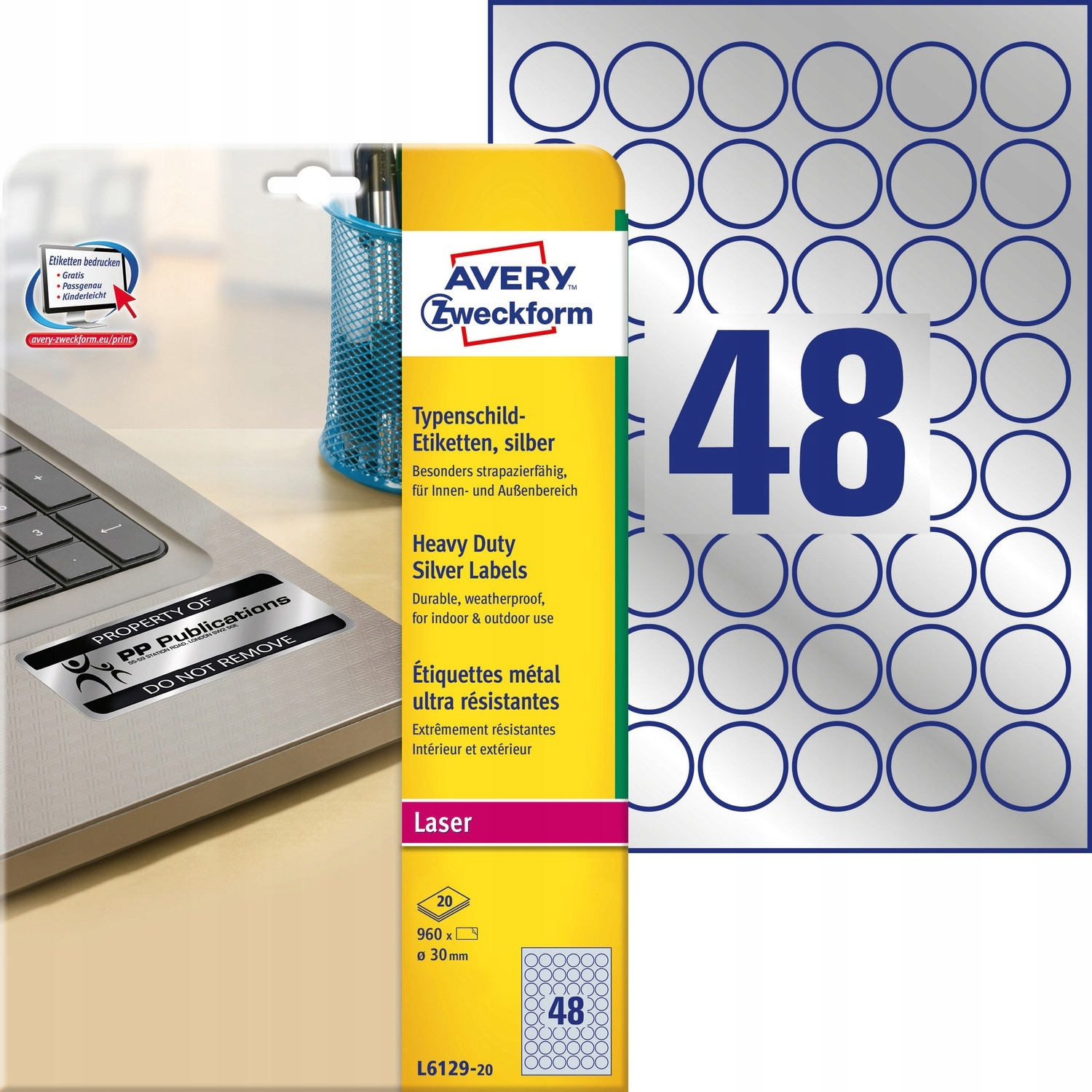Etykiety znamionowe srebrne średnica Q 30mm L6129-20szt AVERY ZF