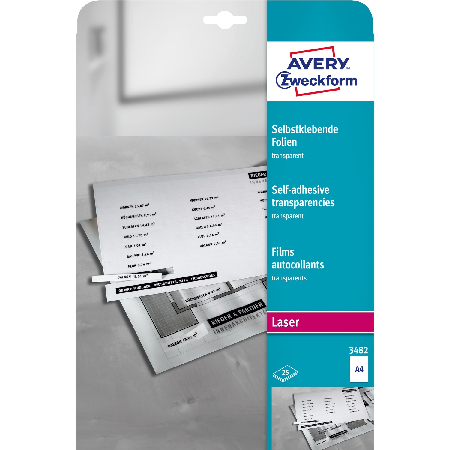 Folie samoprzylepne A4 0.13mm przezroczyste LASER 25ark 3482 AVERY ZF