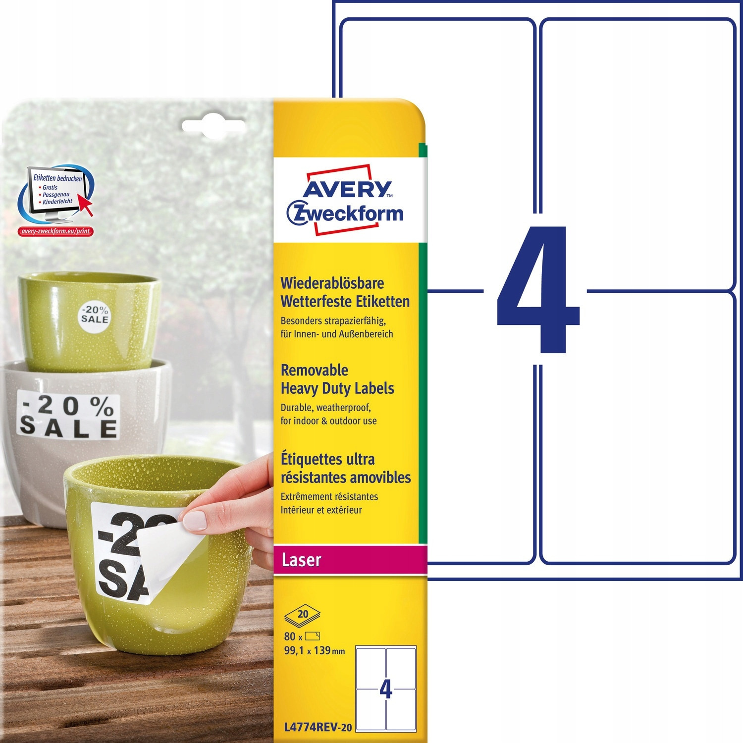 Etykiety Heavy Duty A4 99.1x139 białe poliestrowe L4774REV-20 AVERY ZF