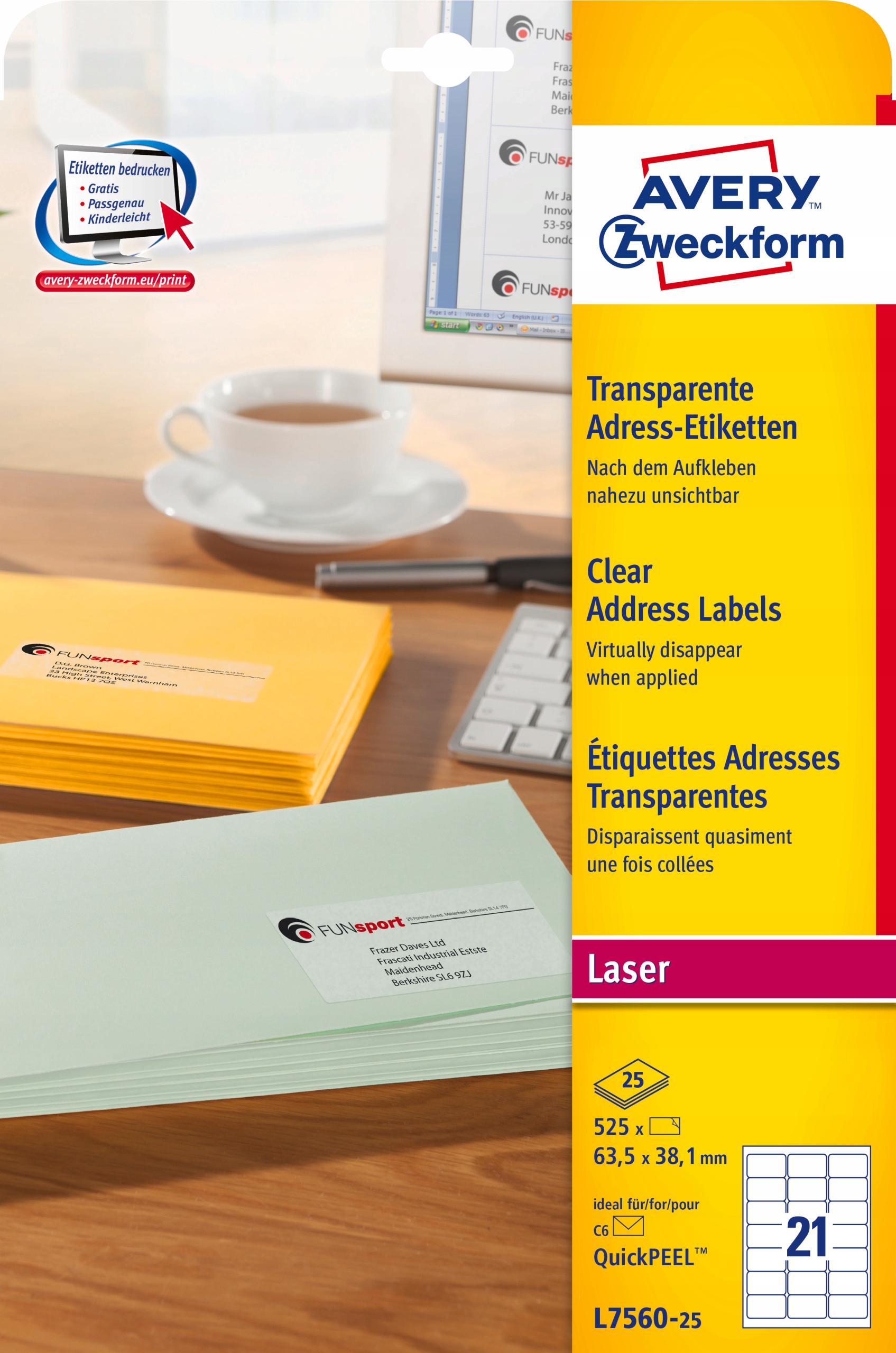 Etykiety ZF A4 63.5x38mm (25 arkuszy) przezroczyste L7560-25 AVERY