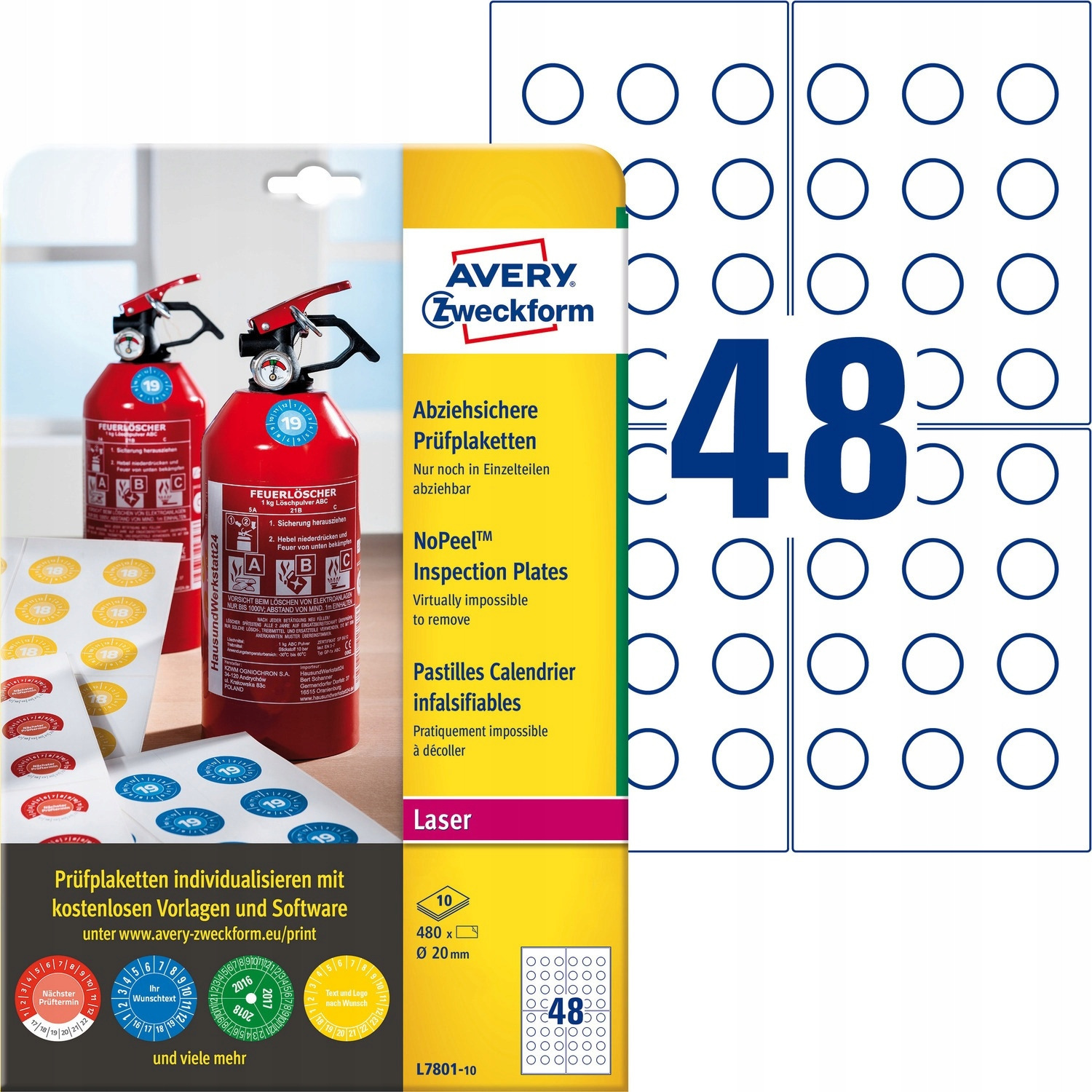 Tabliczki inspekcyjne NoPeel; _20mm; 480szt Avery