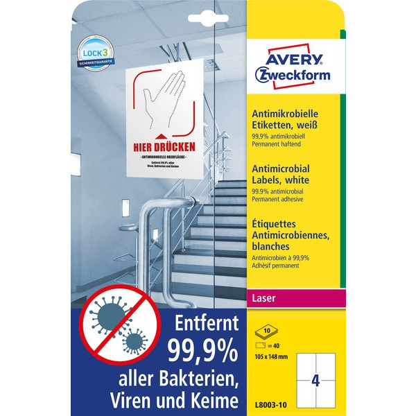 Folia samoprzylepna z powierzchnią antydrobnoustrojową, 105 x 148 mm, biała L8003-10