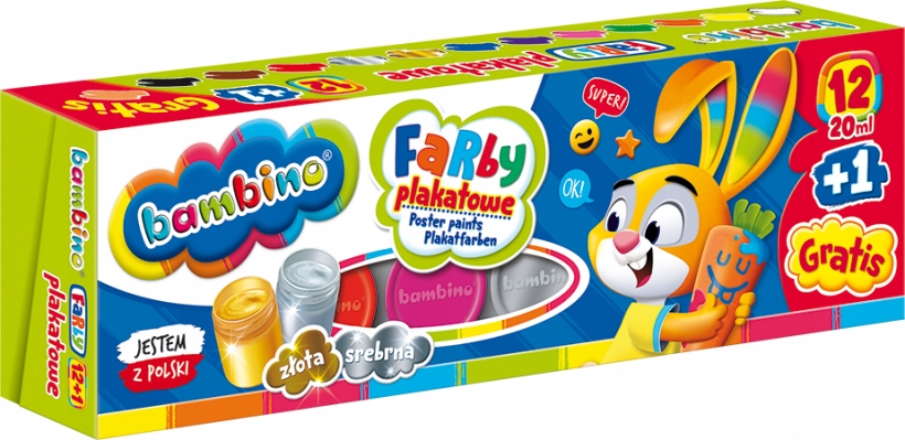 Farby plakatowe 12 kolorów, 20 ml + 1 farba cielista gratis BAMBINO
