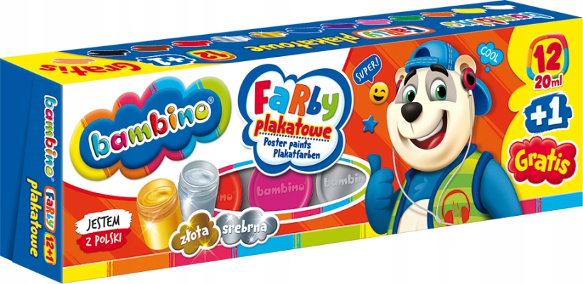 Farby plakatowe 12 kolorów, 20 ml + 1 farba cielista gratis BAMBINO