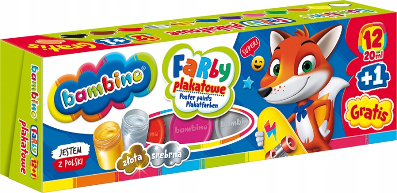 Farby plakatowe 12 kolorów, 20 ml + 1 farba cielista gratis BAMBINO