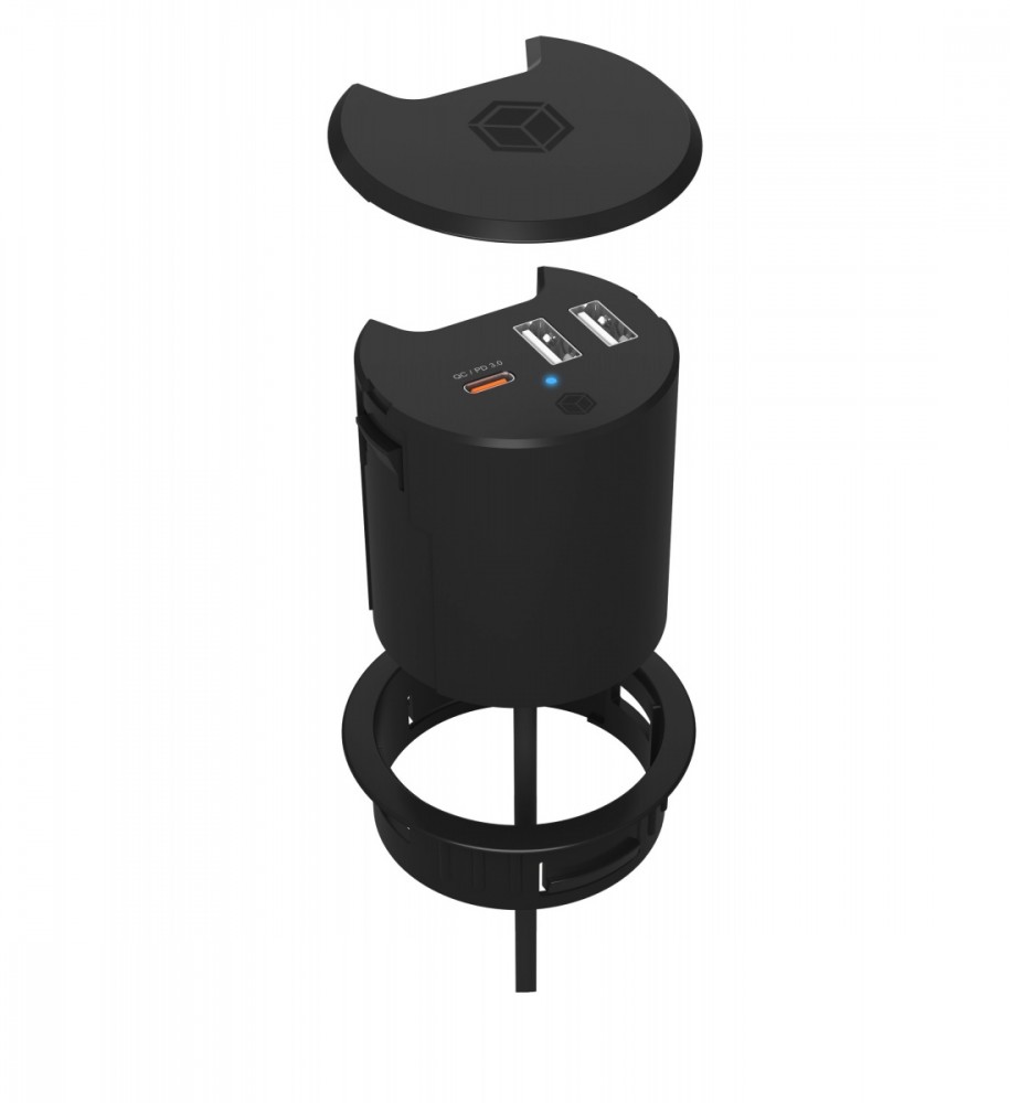 IB-HUB1407 3 Port ładowarka do biurka, 2x USB-A, 1x  USB-C, otwór 60mm