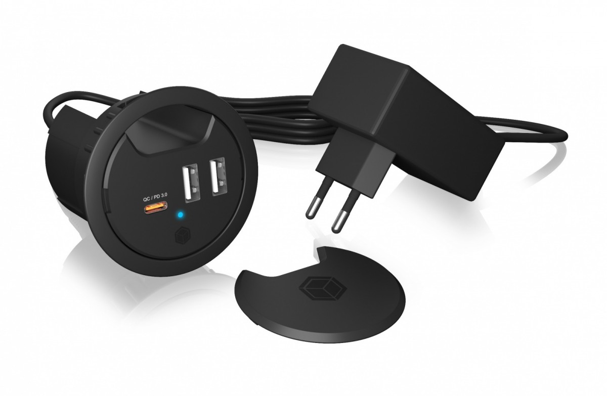 IB-HUB1407 3 Port ładowarka do biurka, 2x USB-A, 1x  USB-C, otwór 60mm