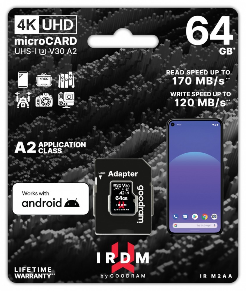 Karta pamięci microSD IRDM 64GB UHS-I U3 A2  + adapter