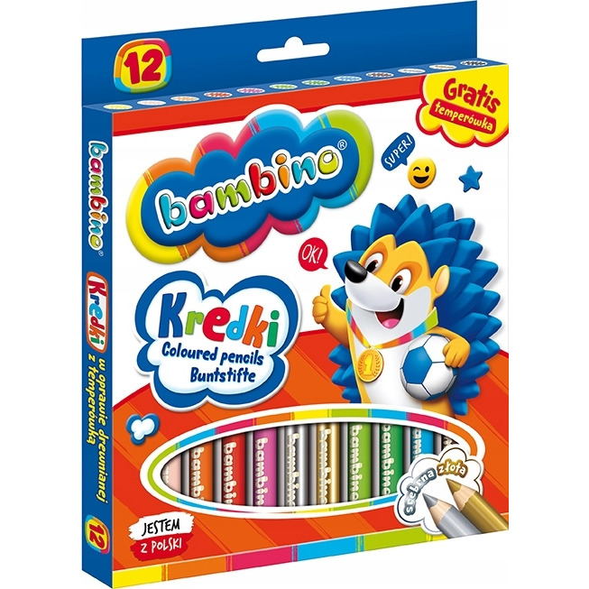 Kredki BAMBINO w drewnie 12 kolorów dł. 15cm+temperówka St.Majewski