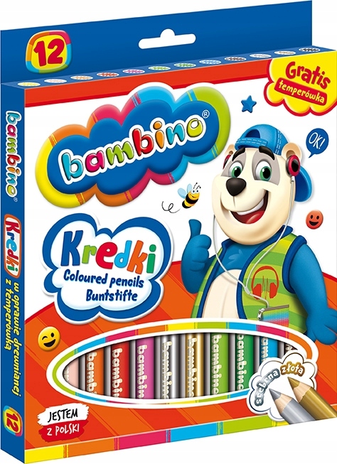 Kredki BAMBINO w drewnie 12 kolorów dł. 15cm+temperówka St.Majewski