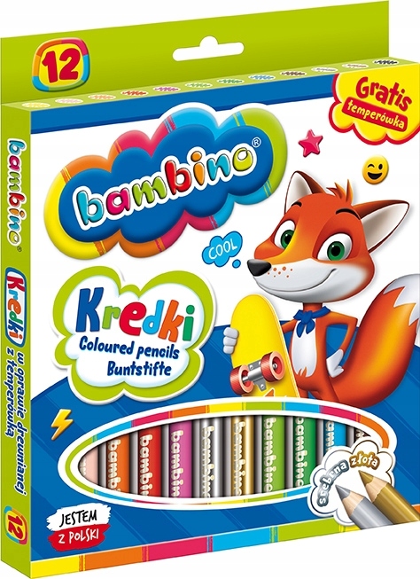 Kredki BAMBINO w drewnie 12 kolorów dł. 15cm+temperówka St.Majewski