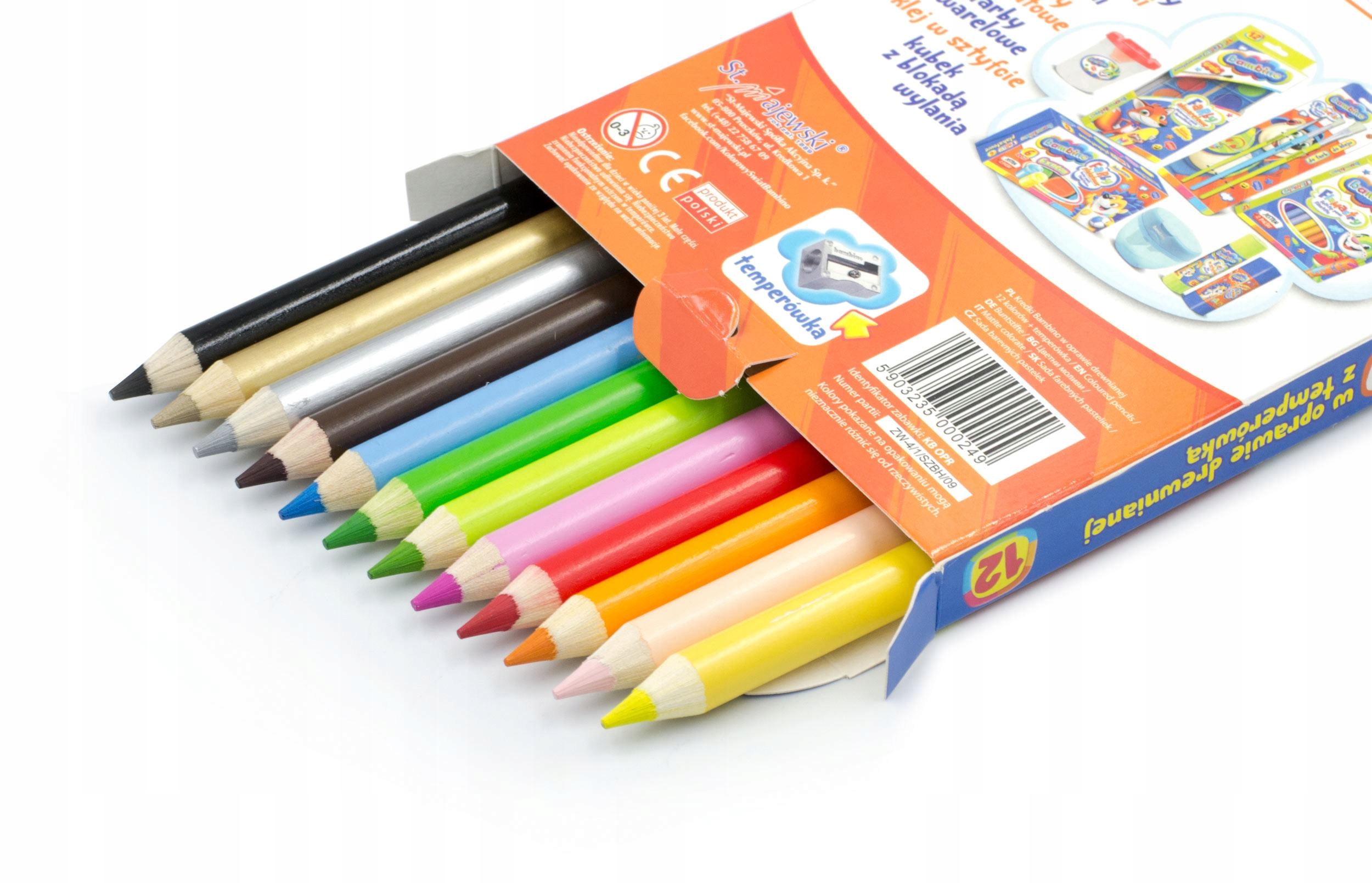 Kredki BAMBINO w drewnie 12 kolorów dł. 15cm+temperówka St.Majewski