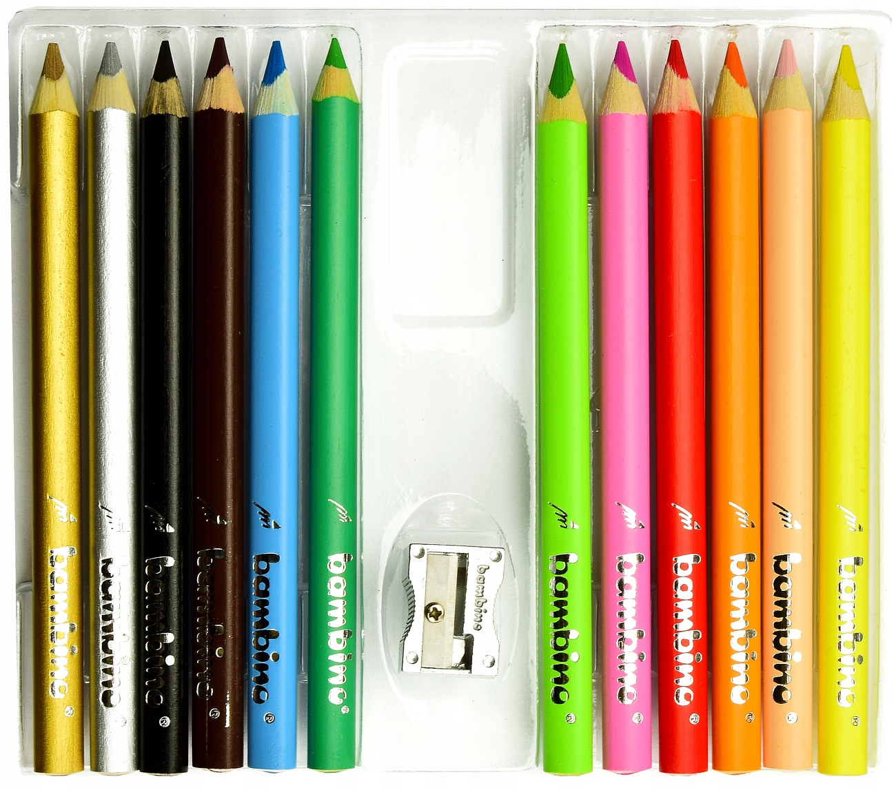 Kredki trójkątne BAMBINO 12 kolorów temperówka w oprawie drewnianej