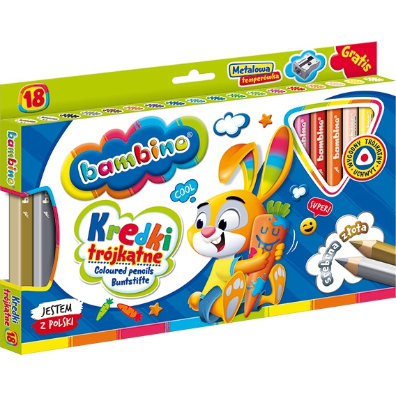 Kredki trójkątne BAMBINO 18 kolorów+temperówka w oprawie drewnianej