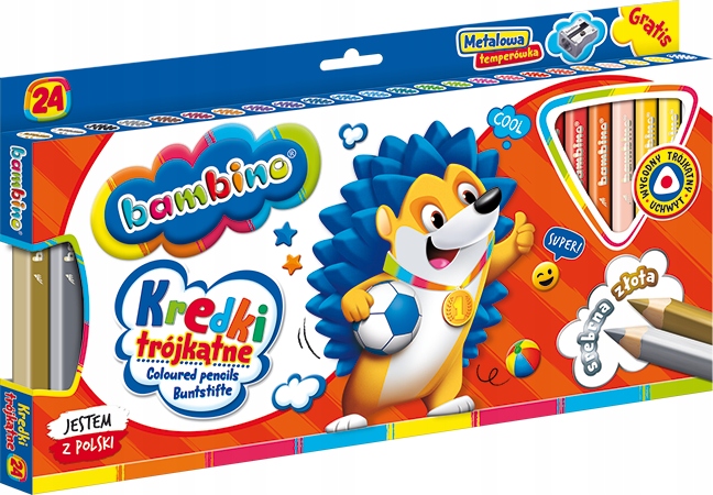 Kredki trójkątne BAMBINO 24 kolorów+temperówka w oprawie drewnianej