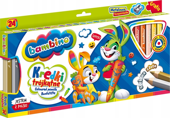 Kredki trójkątne BAMBINO 24 kolorów+temperówka w oprawie drewnianej