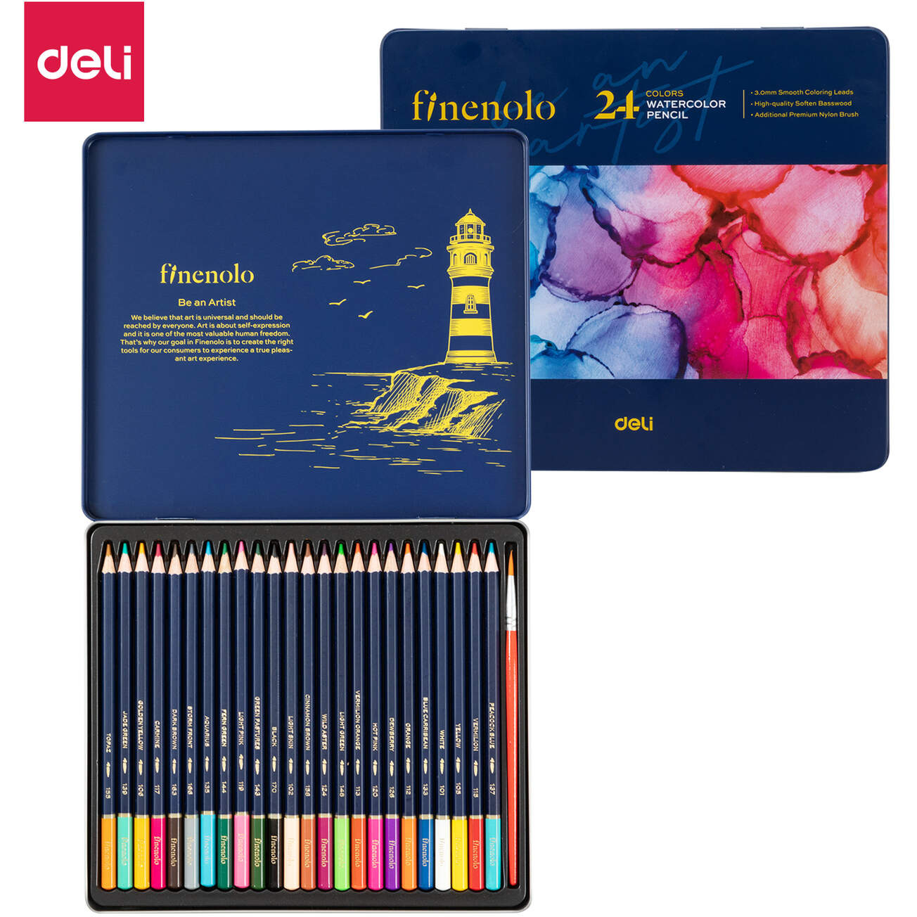 Kredki ołówkowe akwarelowe FINENOLO 24 kolory metalowe opakowanie C129-24 DELI