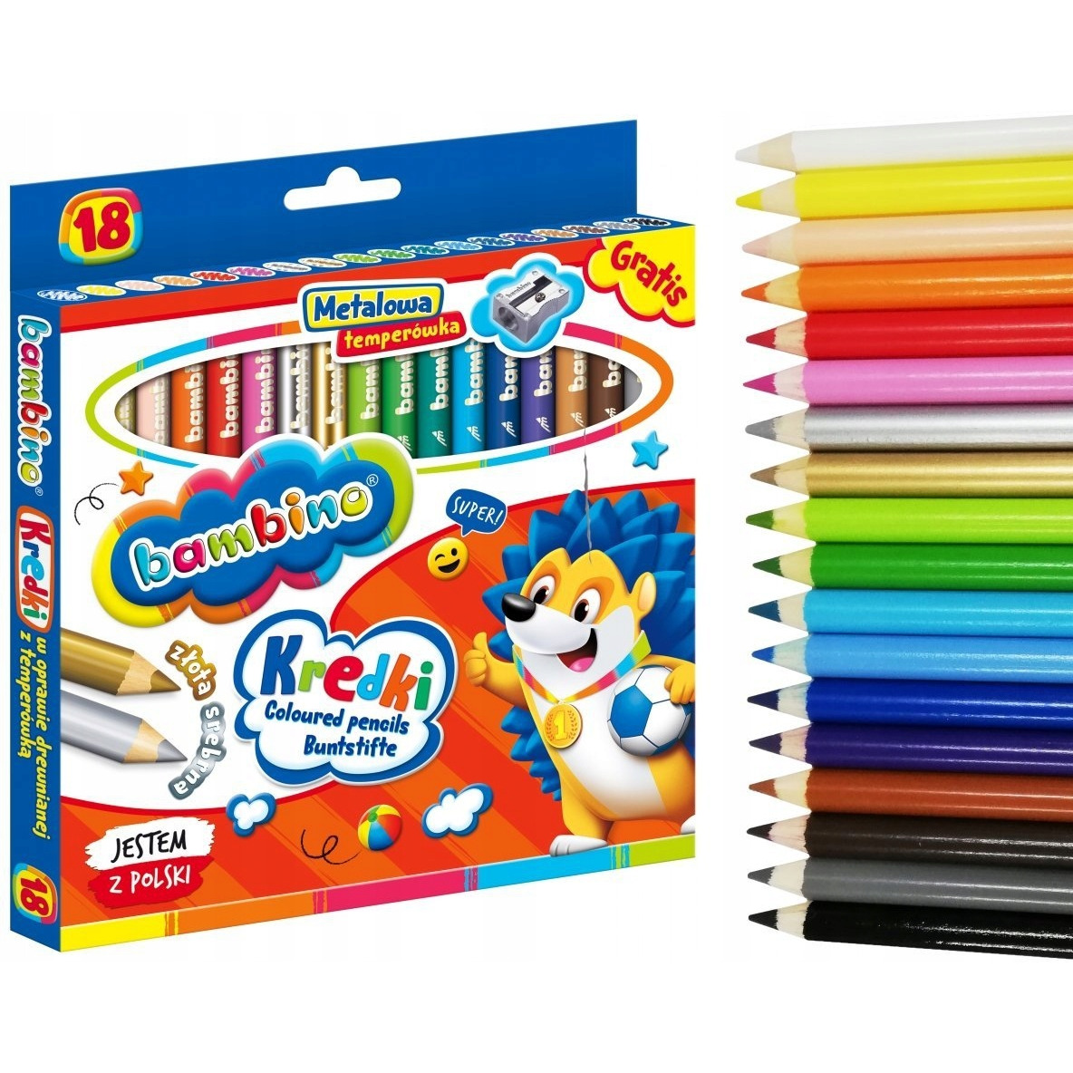 Kredki w oprawie drewnianej 18 kolorów + temperówka BAMBINO