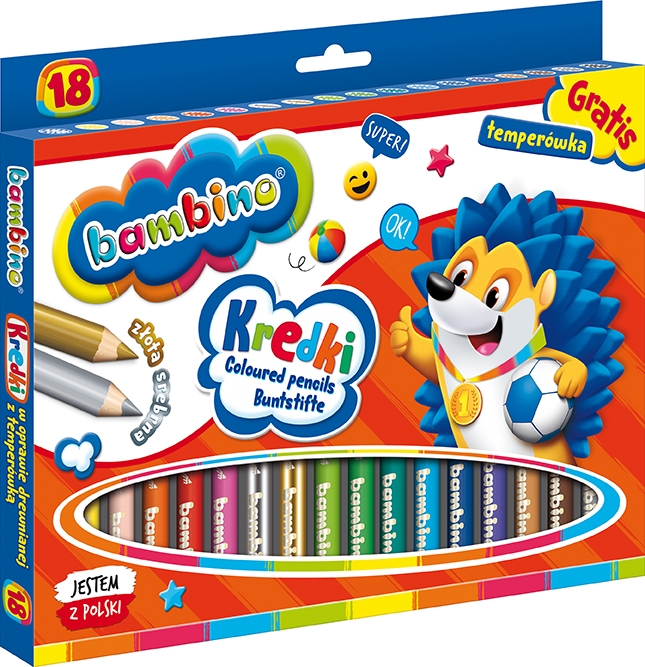 Kredki w oprawie drewnianej 18 kolorów + temperówka BAMBINO