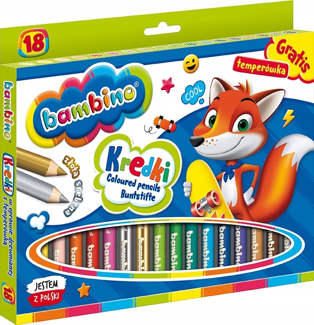 Kredki w oprawie drewnianej 18 kolorów + temperówka BAMBINO