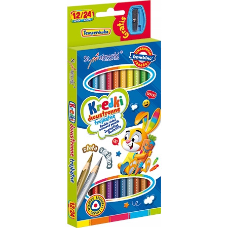 Kredki szkolne trójkątne dwustronne 12/24 kolory + temperówka BAMBINO