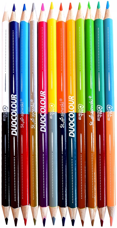 Kredki szkolne trójkątne dwustronne 12/24 kolory + temperówka BAMBINO