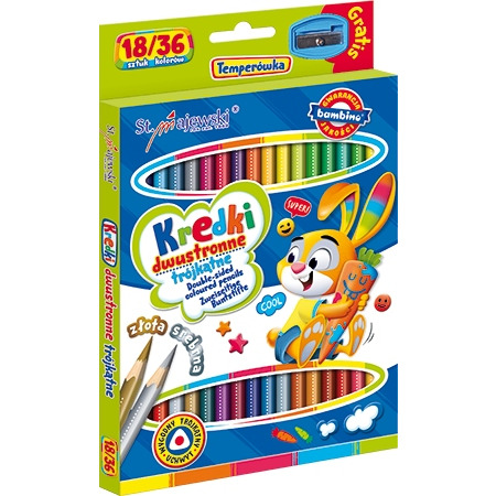 Kredki szkolne trójkątne dwustronne 18/36 kolorów + temperówka BAMBINO