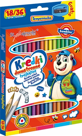 Kredki szkolne trójkątne dwustronne 18/36 kolorów + temperówka BAMBINO