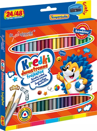 Kredki szkolne trójkątne dwustronne 24/48 kolorów + temperówka BAMBINO