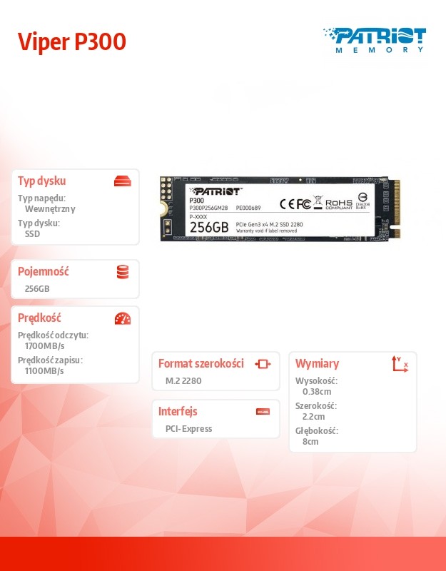 Dysk SSD P300 256GB M.2 PCIe Gen 3 x4 1700/1100