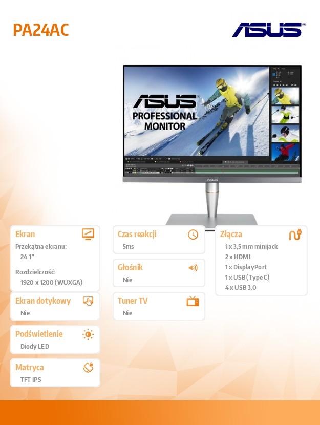 Monitor 24 cale PA24AC ProArt WUXGA IPS 100% sRGB 1200cd/m2 500:1 HDMI USB-C DP PIVOT Głośnik PIP PBP