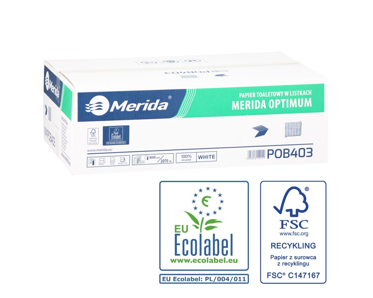 Papier toaletowy w listkach MERIDA OPTIMUM, biały, dwuwarstwowy, karton 9000 szt., ECOLABEL