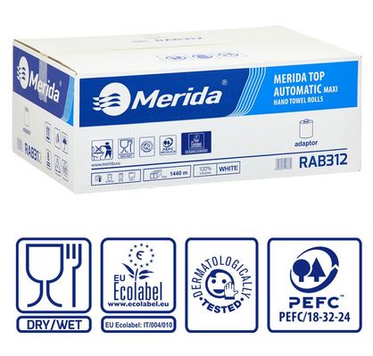 Ręczniki papierowe w roli z adapterem MERIDA TOP AUTOMATIC MAXI, białe, średnica 19,5 cm, długość 240 m, dwuwarstwowe, karton 6 rolek, ECOLABEL
