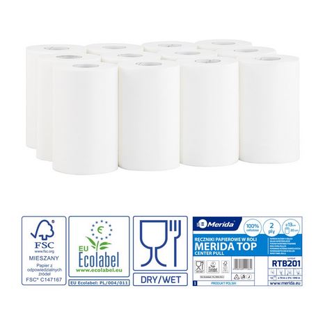 Ręczniki papierowe w roli MERIDA TOP MINI, białe, średnica 13 cm, długość 70 m, dwuwarstwowe, zgrzewka 12 rolek, ECOLABEL